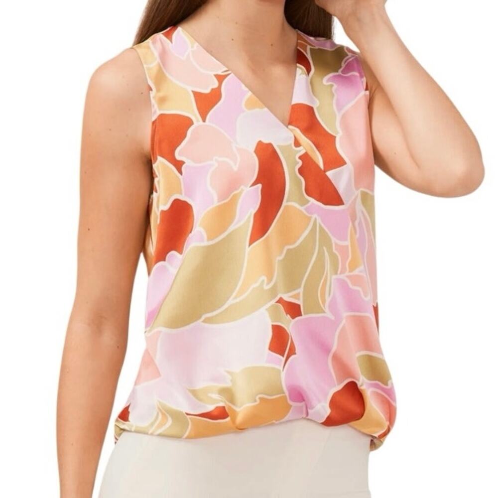 Halogen Canyon Sunset Abstract Floral Surplice Sleeveless Blouse Top Size L NWT